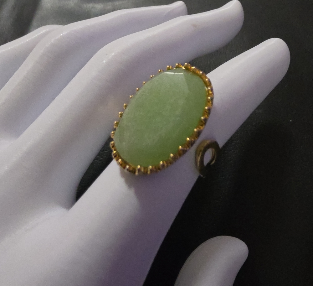 Gold-Trim Green Jade Oval Stone Statement Ring